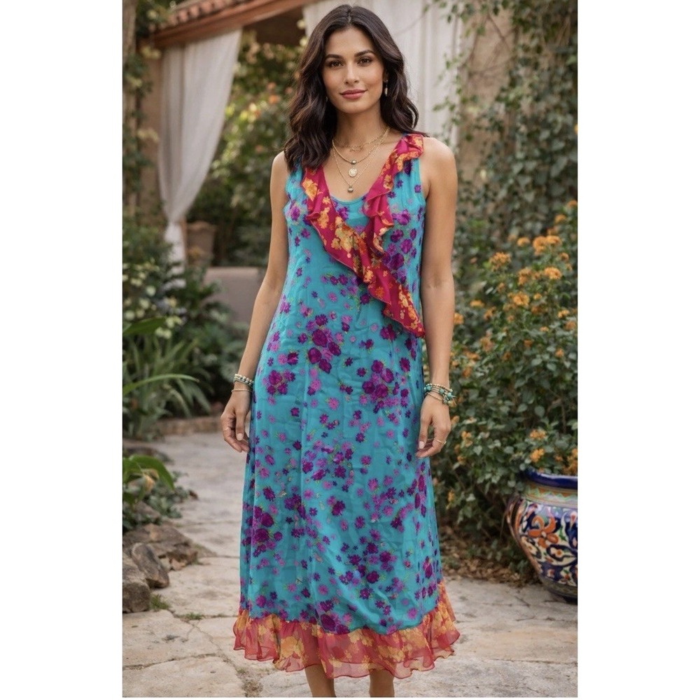 Johnny‎ Was Silk Floral Ruffle Slip Dress Sz L - Blue / Magenta Pink